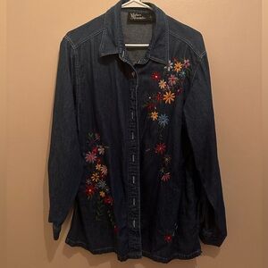 Embroidered cotton denim button down with floral embroidery and rainbow buttons